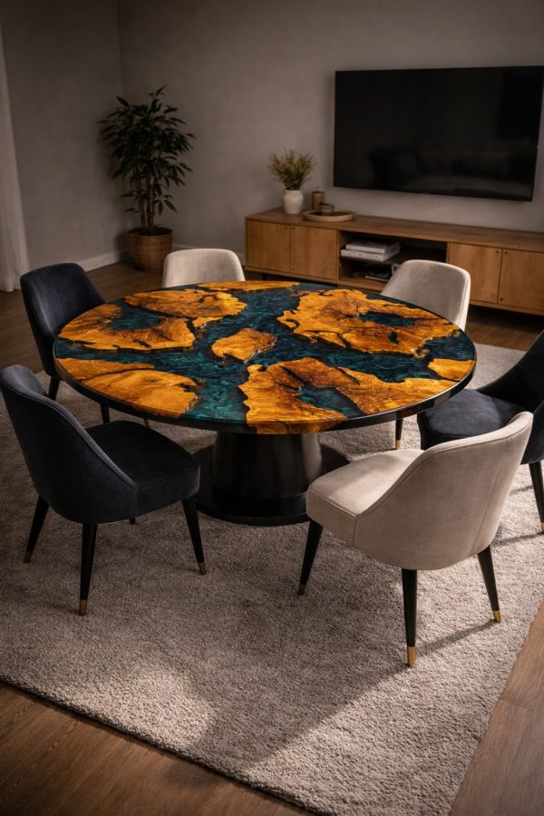 Masă rotundă din rădăcină cu rășină epoxidică - Ø120 cm