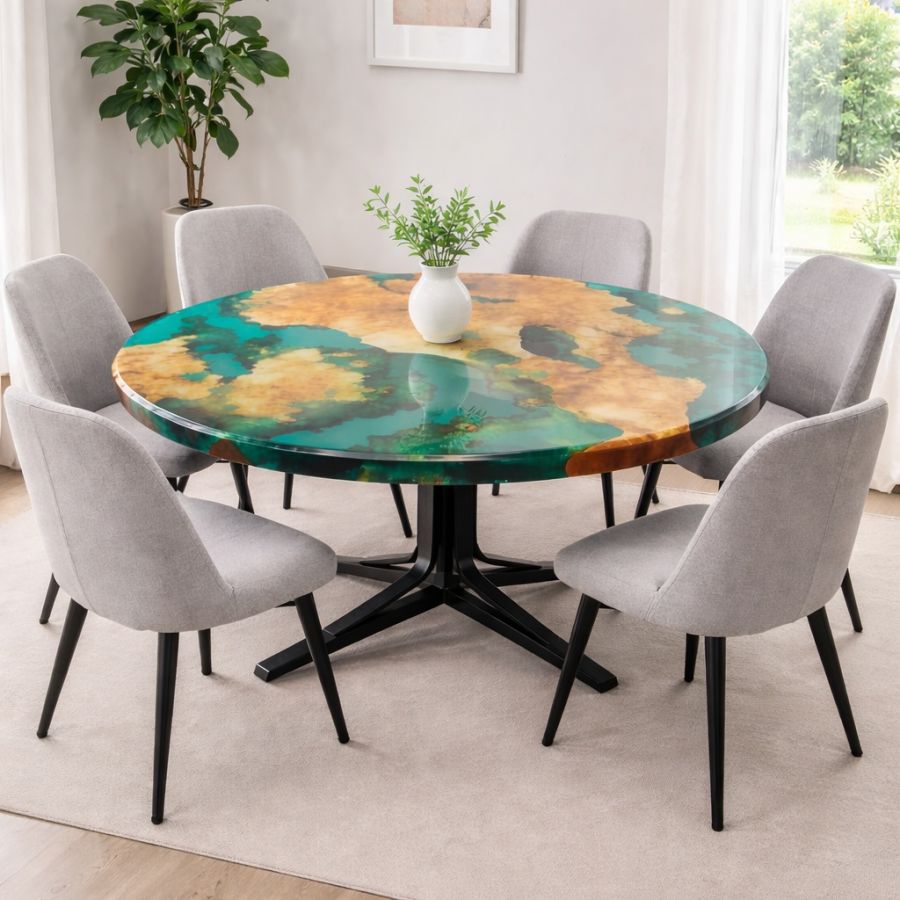 Masă rotundă compactă cu rășină epoxidică - river table