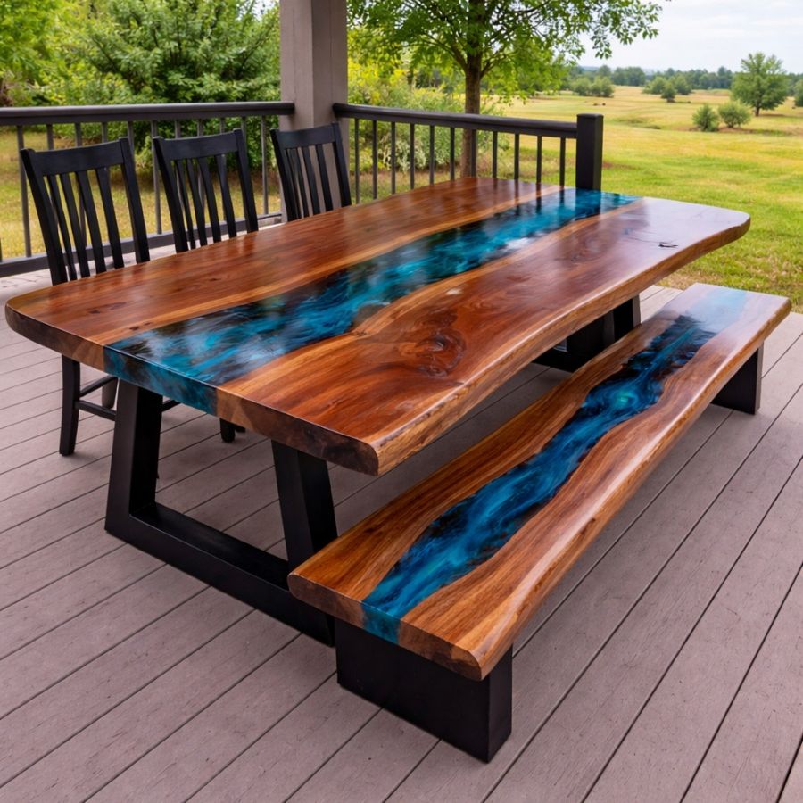 Masă din lemn masiv de stejar cu rășină - River Table Blue